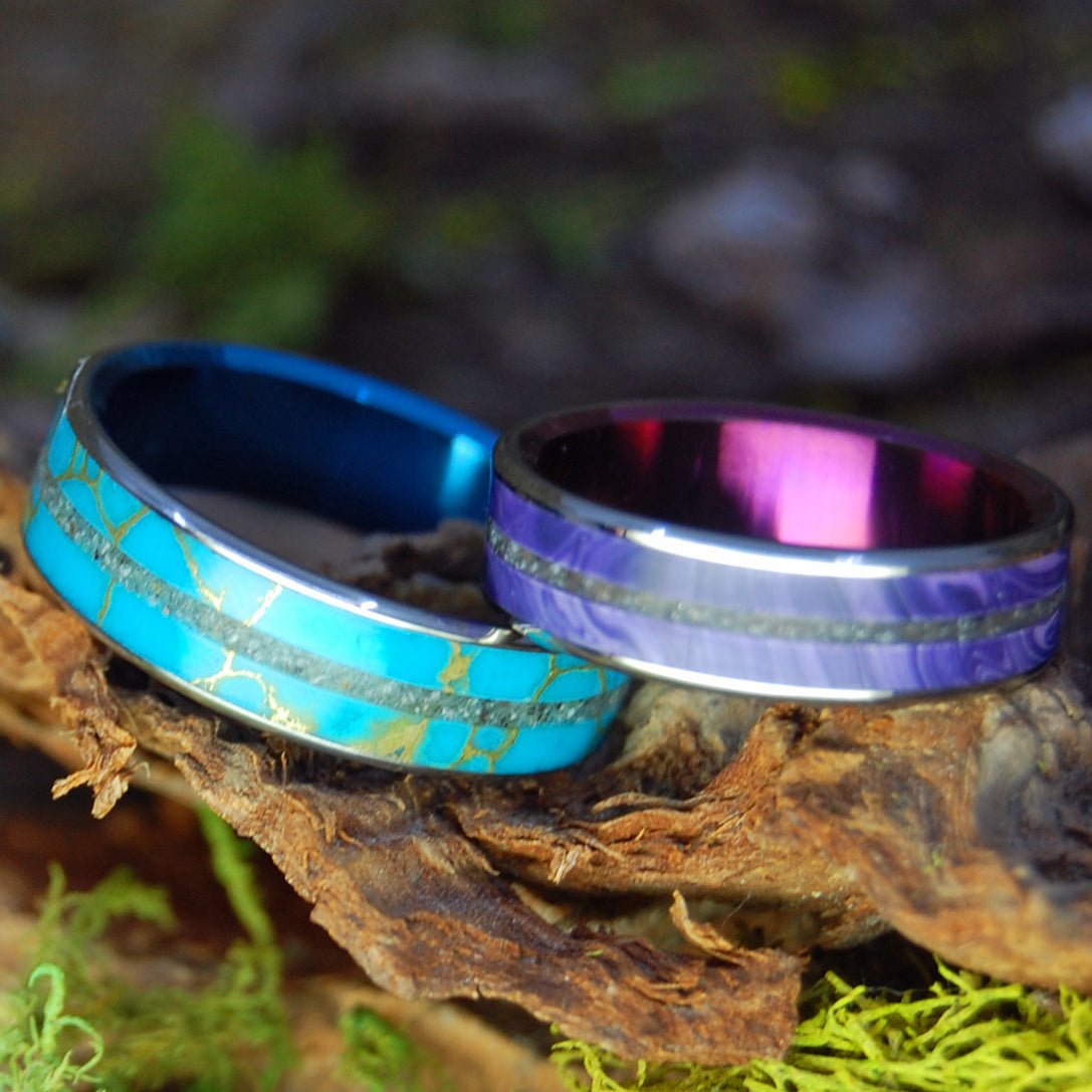 Avon Charoite Turquoise Set | North Carolina Beach Sand & Charoite Stone Titanium Wedding Rings - Minter and Richter Designs