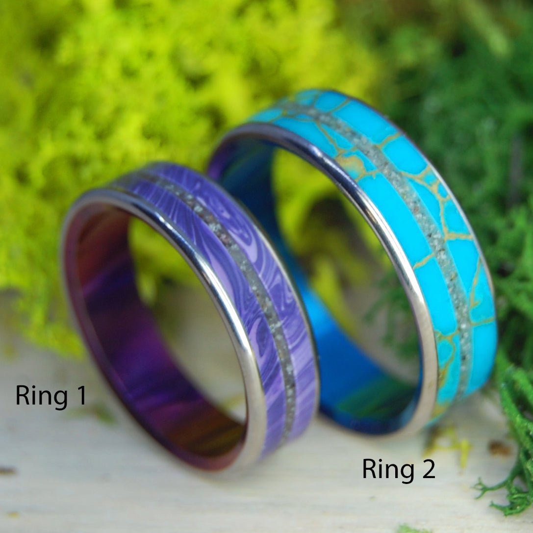 Avon Charoite Turquoise Set | North Carolina Beach Sand & Charoite Stone Titanium Wedding Rings - Minter and Richter Designs