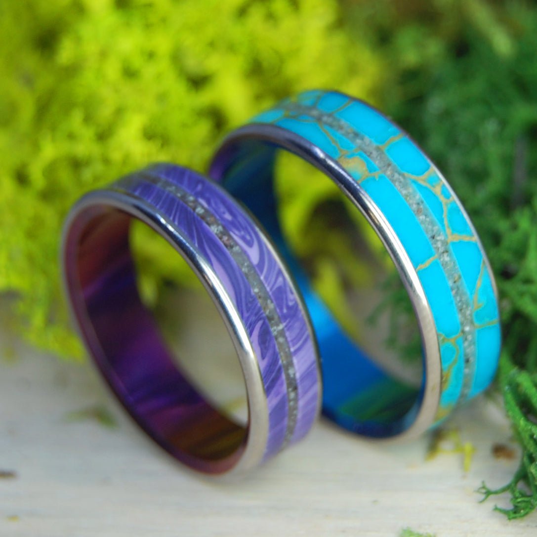 Avon Charoite Turquoise Set | North Carolina Beach Sand & Charoite Stone Titanium Wedding Rings - Minter and Richter Designs