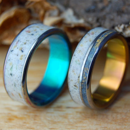 BAHIA HONDA BEACH SET | Bahia Honda Beach Sand, Box Elder Wood & Titanium - Unique Wedding Rings - Minter and Richter Designs