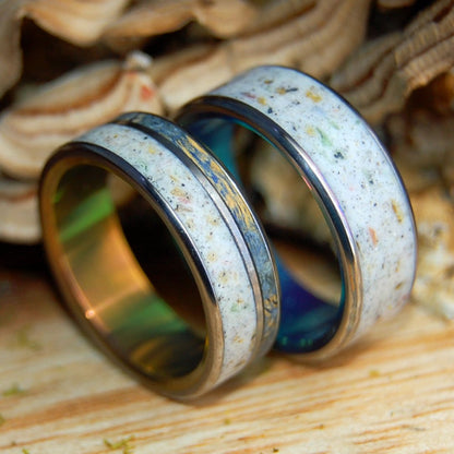 BAHIA HONDA BEACH SET | Bahia Honda Beach Sand, Box Elder Wood & Titanium - Unique Wedding Rings - Minter and Richter Designs