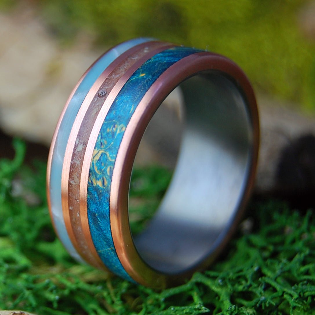 BEAR CLAW WIDE | Men's Blue Box Elder Wood, Bear Claw, Larimar Stone & Titanium Wedding Ring - Minter and Richter Designs