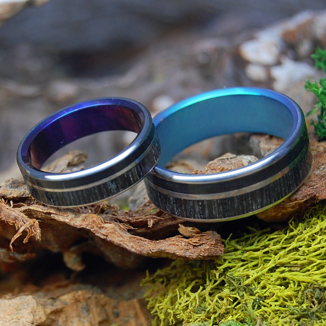 BISON BOG GREEN & PURPLE | Bog Oak & Bison Horn - Unique Wedding Rings - Wedding Rings Set - Minter and Richter Designs