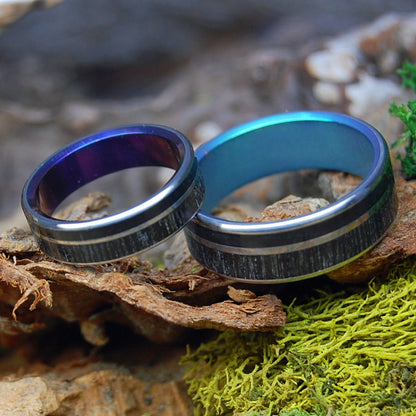 BISON BOG GREEN & PURPLE | Bog Oak & Bison Horn - Unique Wedding Rings - Wedding Rings Set - Minter and Richter Designs