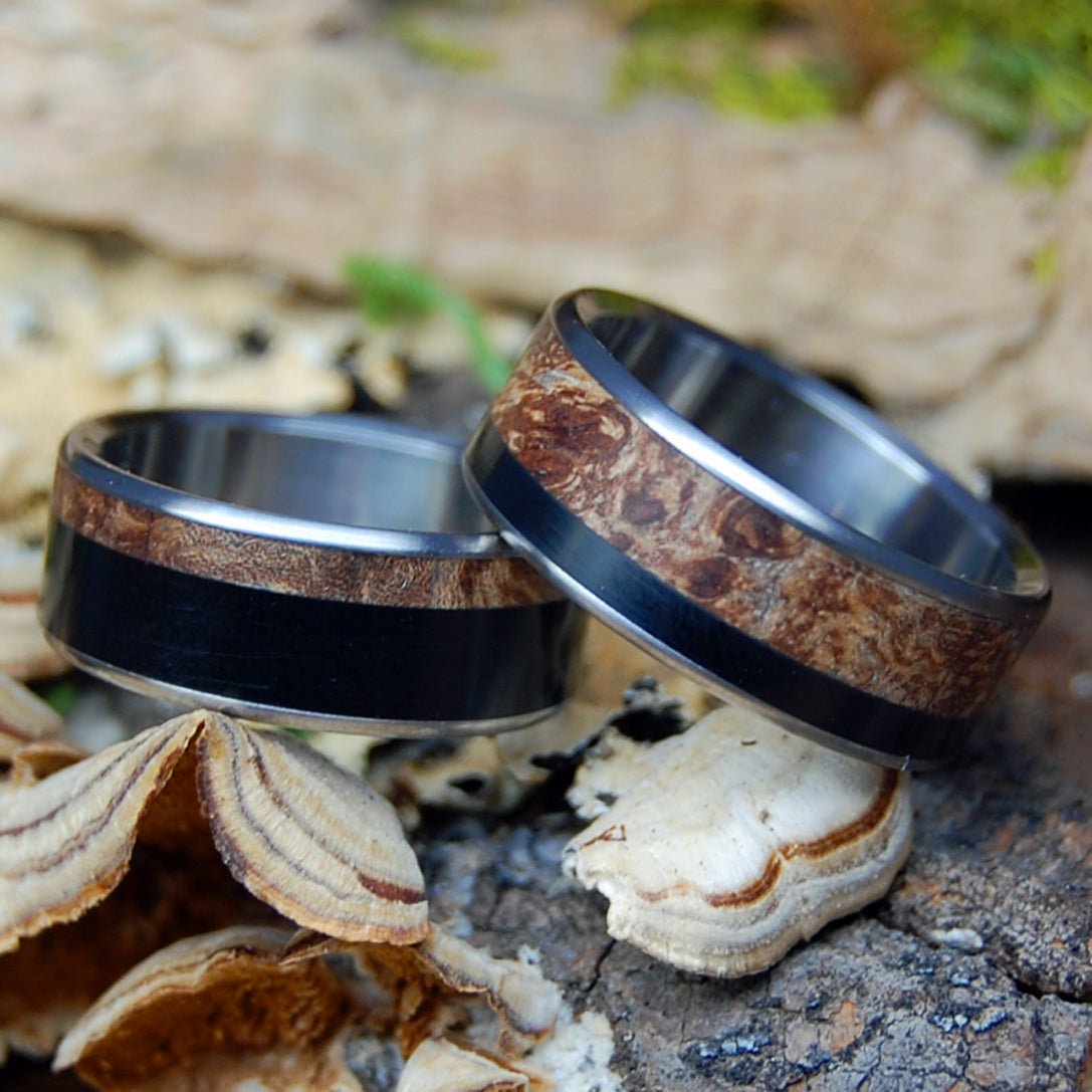 BISON THROUGH THE MAPLES I & II | Bison Horn, Dark Maple & Titanium Wedding Rings - Minter and Richter Designs