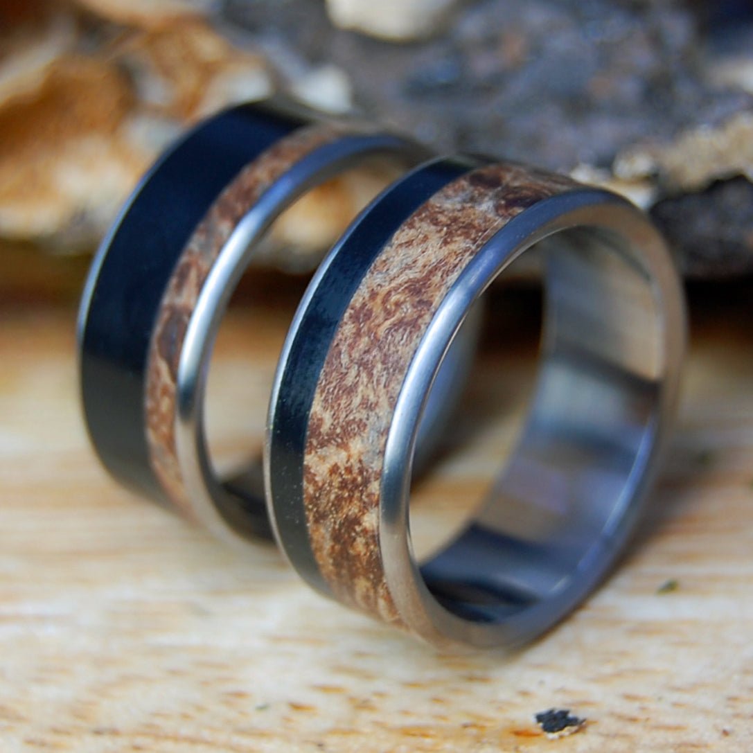BISON THROUGH THE MAPLES I & II | Bison Horn, Dark Maple & Titanium Wedding Rings - Minter and Richter Designs