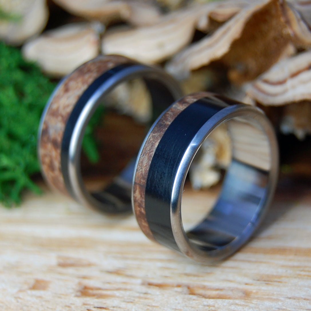 BISON THROUGH THE MAPLES I & II | Bison Horn, Dark Maple & Titanium Wedding Rings - Minter and Richter Designs