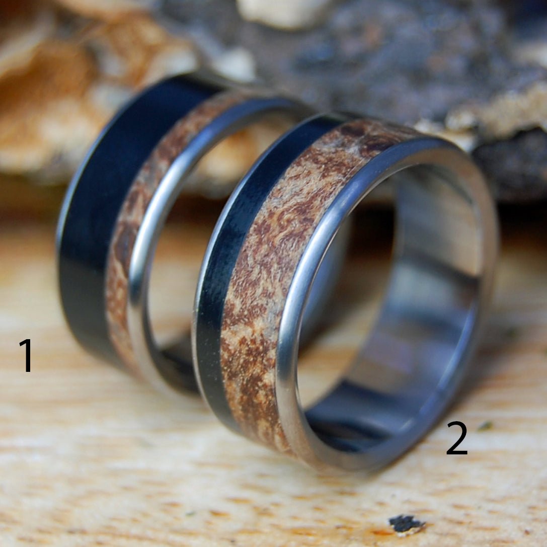 BISON THROUGH THE MAPLES I & II | Bison Horn, Dark Maple & Titanium Wedding Rings - Minter and Richter Designs