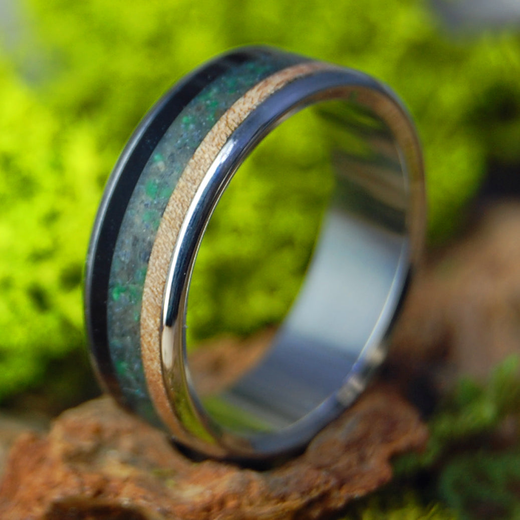 Bison of Eagle River | Men's American Bison, Vermont Sugar Maple, River Rocks, Emerald & Titanium Wedding Ring