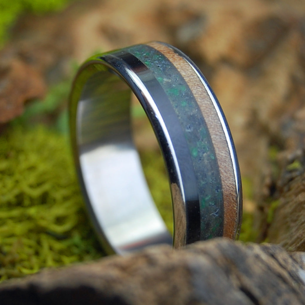 Bison of Eagle River | Men's American Bison, Vermont Sugar Maple, River Rocks, Emerald & Titanium Wedding Ring
