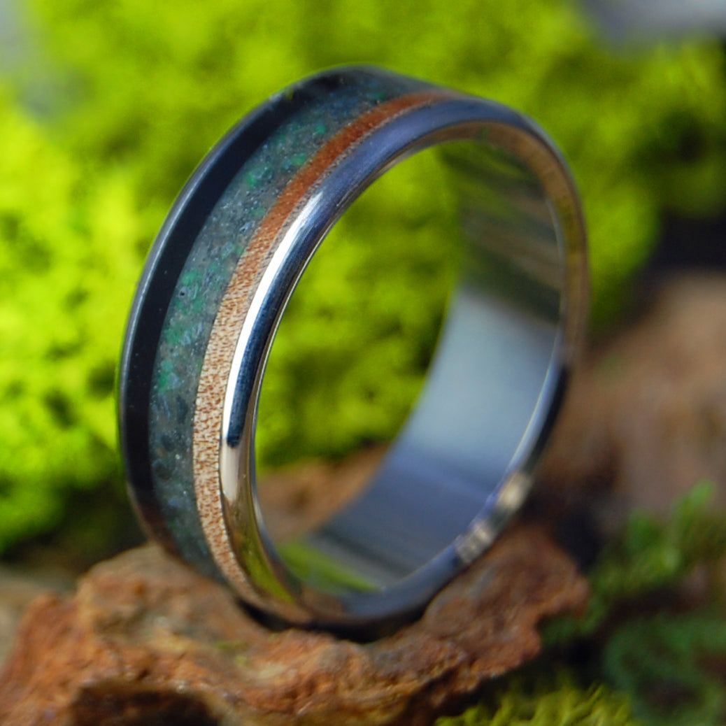 Bison of Eagle River | Men's American Bison, Vermont Sugar Maple, River Rocks, Emerald & Titanium Wedding Ring
