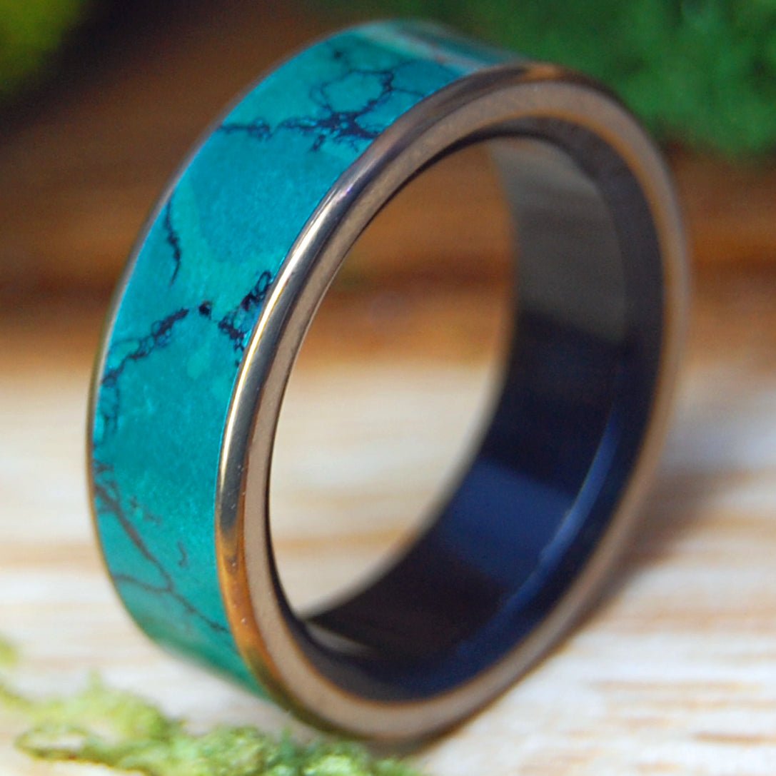 BLACK ONYX IN A JADE SEA | Men's Black Webbed Jade, Bronze, Onyx Stone & Titanium Wedding Ring - Minter and Richter Designs