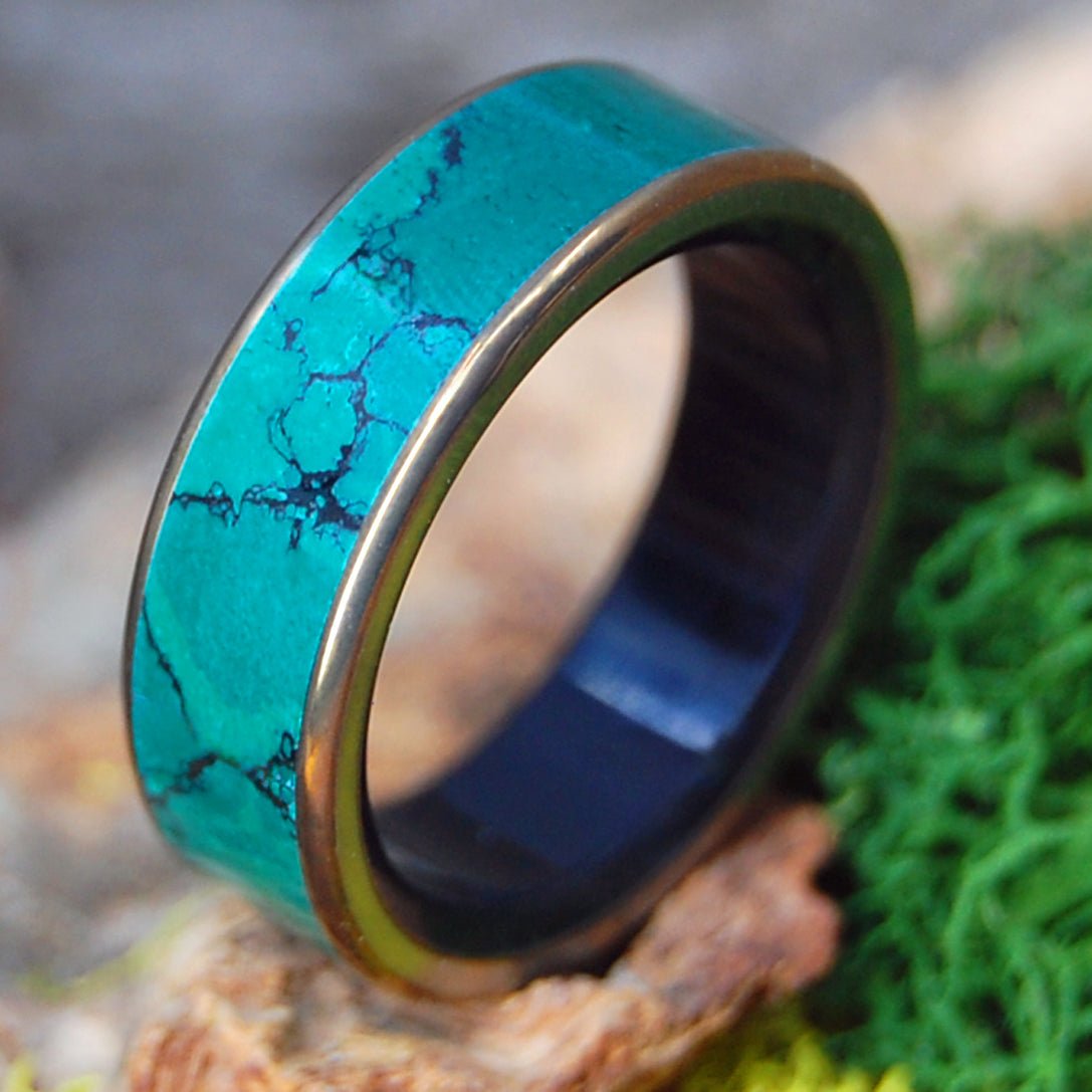 BLACK ONYX IN A JADE SEA | Men's Black Webbed Jade, Bronze, Onyx Stone & Titanium Wedding Ring - Minter and Richter Designs