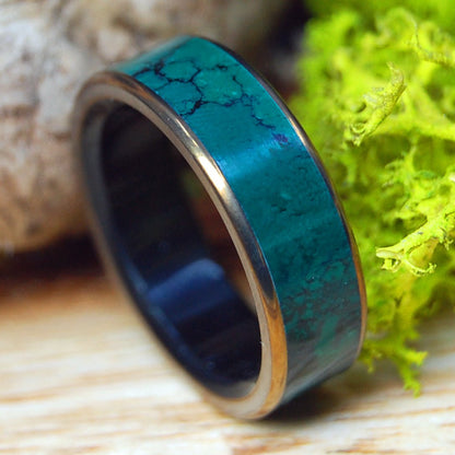 BLACK ONYX IN A JADE SEA | Men's Black Webbed Jade, Bronze, Onyx Stone & Titanium Wedding Ring - Minter and Richter Designs