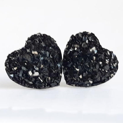 Black Sparkle Druzy Heart Stud EarRing | EarRing - Titanium And Resin EarRing - Valentines Day - Minter and Richter Designs