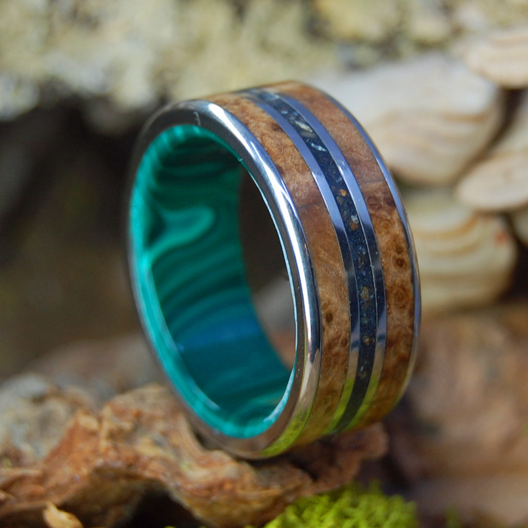 BRING ICELAND HOME | Lava, Malachite Stone & Golden Box Elder Wedding Ring - Minter and Richter Designs