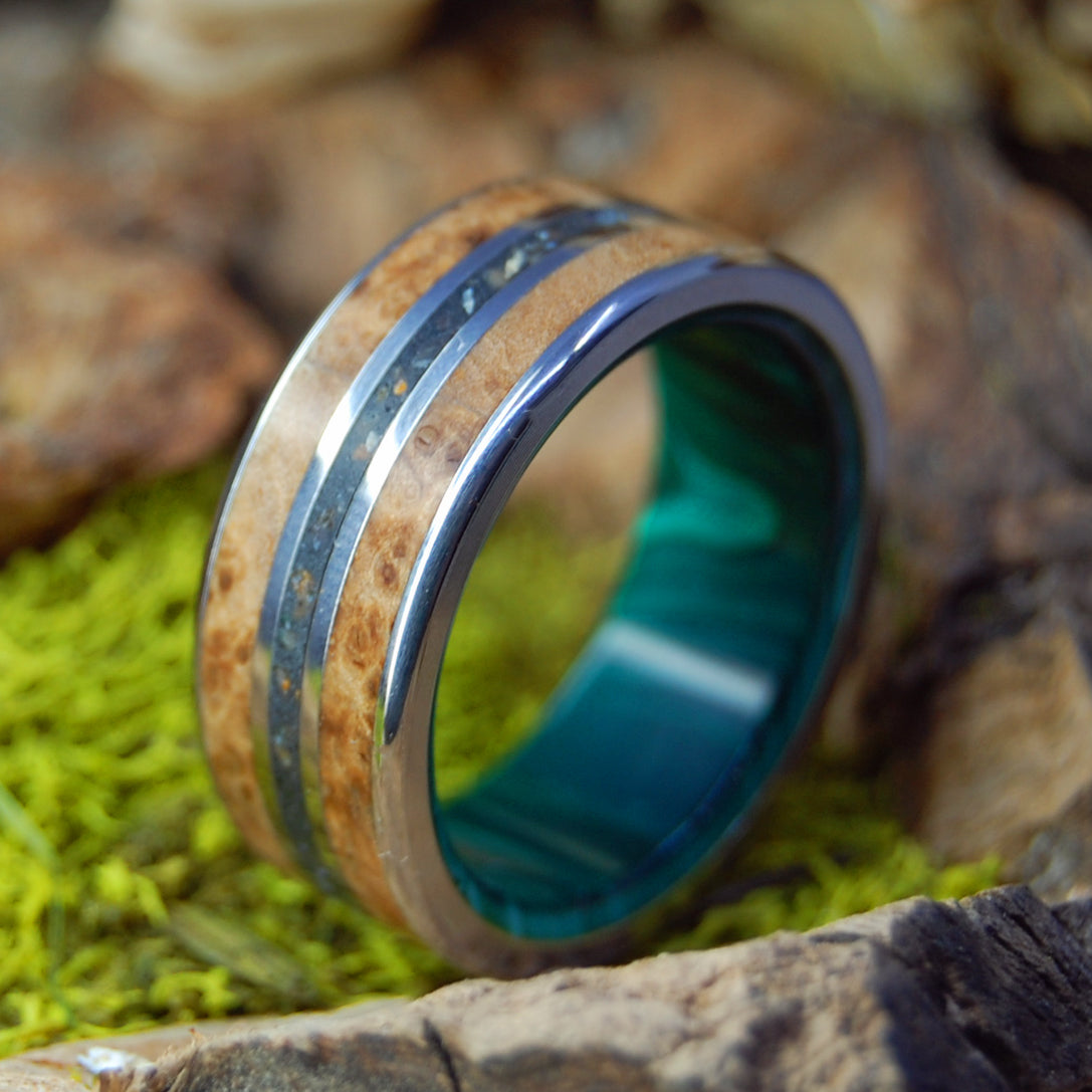 BRING ICELAND HOME | Lava, Malachite Stone & Golden Box Elder Wedding Ring - Minter and Richter Designs