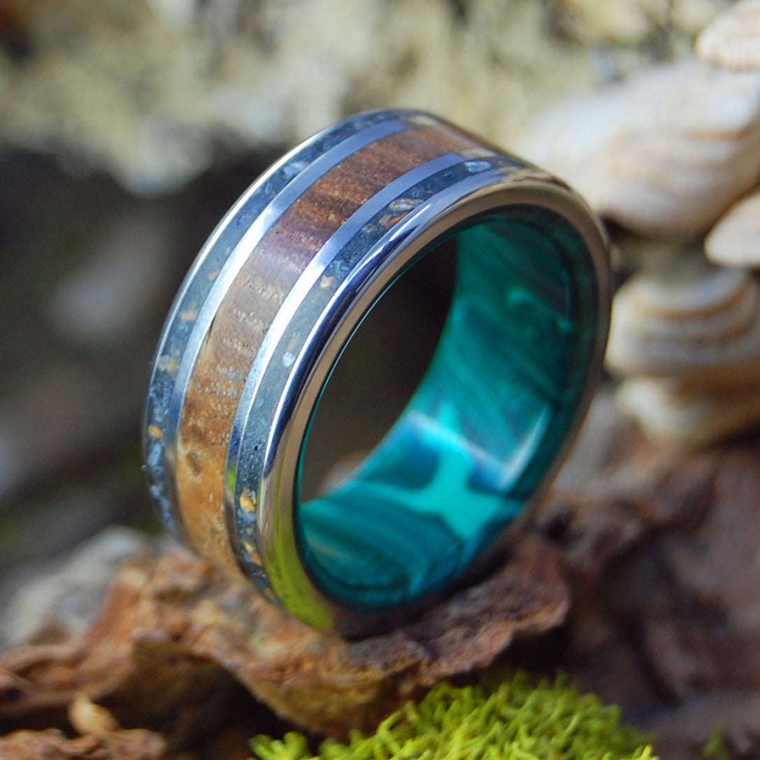 BRING ICELAND HOME II | Lava, Malachite Stone & Golden Box Elder Wedding Ring - Minter and Richter Designs