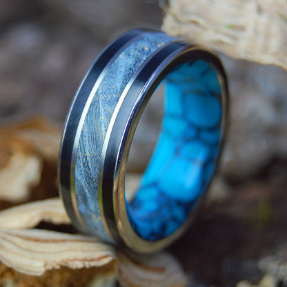 BLUE BOX ELDER ALWAYS REIGN | Men's Turquoise, Onyx & Blue Box Elder Titanium Wedding Ring - Minter and Richter Designs