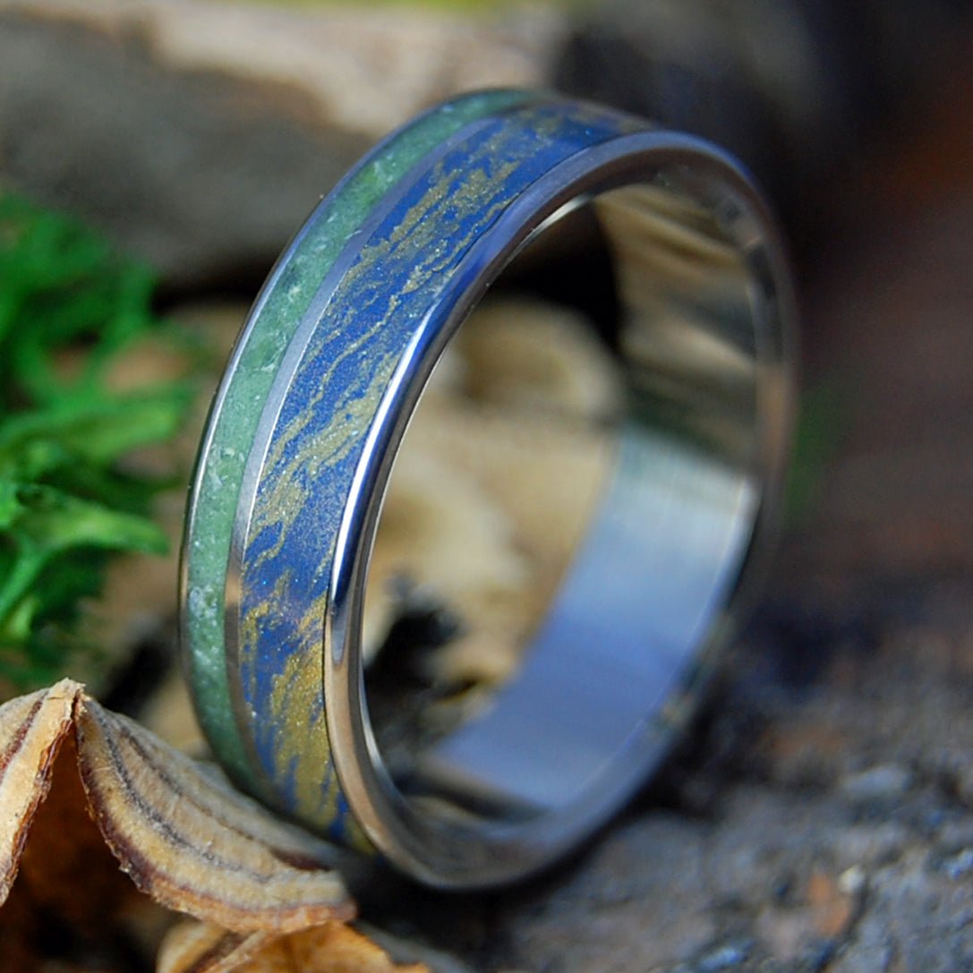 BLUE BRONZE CONNEMARA | Blue Bronze Mokume Gane, Connemara Marble Wedding Ring - Minter and Richter Designs
