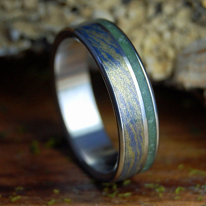 BLUE BRONZE CONNEMARA | Blue Bronze Mokume Gane, Connemara Marble Wedding Ring - Minter and Richter Designs