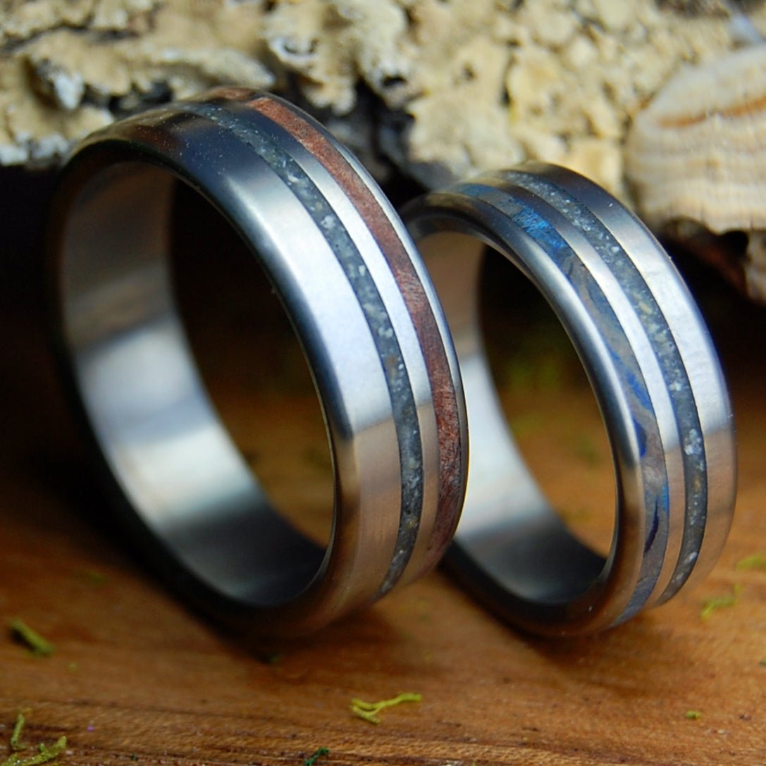 BLUE CALIFORNIA OYSTER SET | Oyster Shells & Carmel CA Beach Sand - Unique Wedding Rings - Wedding Rings Set - Minter and Richter Designs