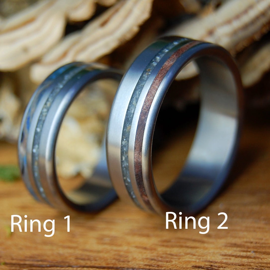 BLUE CALIFORNIA OYSTER SET | Oyster Shells & Carmel CA Beach Sand - Unique Wedding Rings - Wedding Rings Set - Minter and Richter Designs