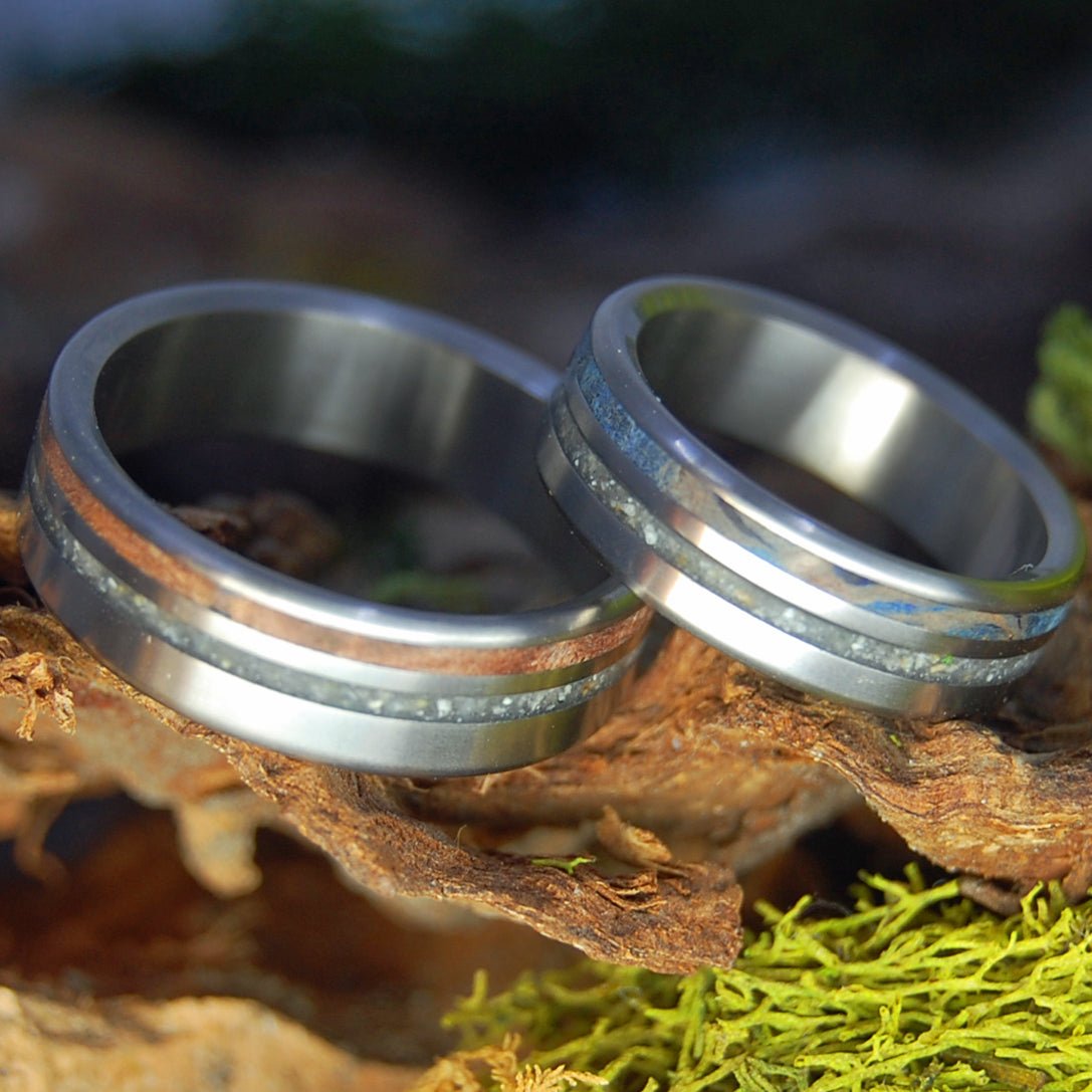 BLUE CALIFORNIA OYSTER SET | Oyster Shells & Carmel CA Beach Sand - Unique Wedding Rings - Wedding Rings Set - Minter and Richter Designs