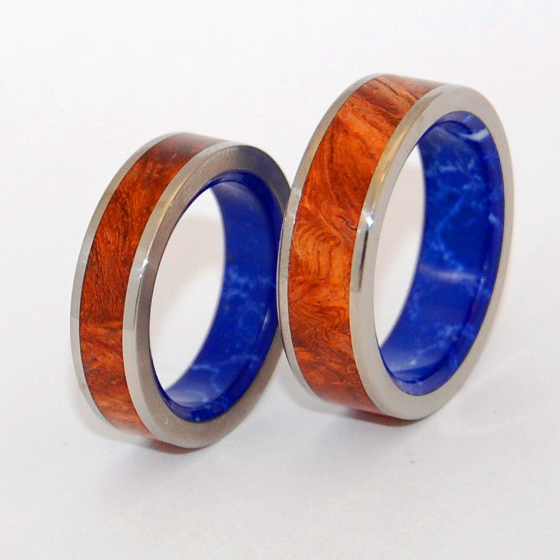 Blue Conifer | Sodalite Stone & Amboyna Burl Wood - His & Hers Wedding Band Set - Wooden Wedding Ring - Minter and Richter Designs