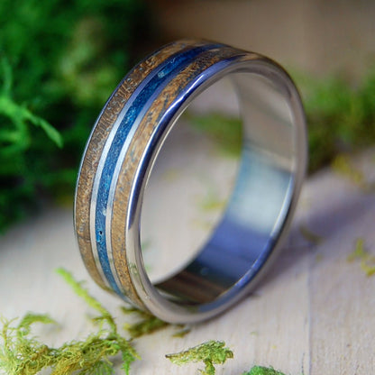 Blue Dress & Boat Dreams | Men's Blue Dress Fabric, Teak & Titanium Wedding Ring - Minter and Richter Designs