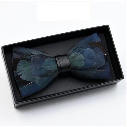 Blue Feather Bow Tie With Lapel Pin Set - Handmade Bow Tie - Groomsmen Gift - Minter and Richter Designs