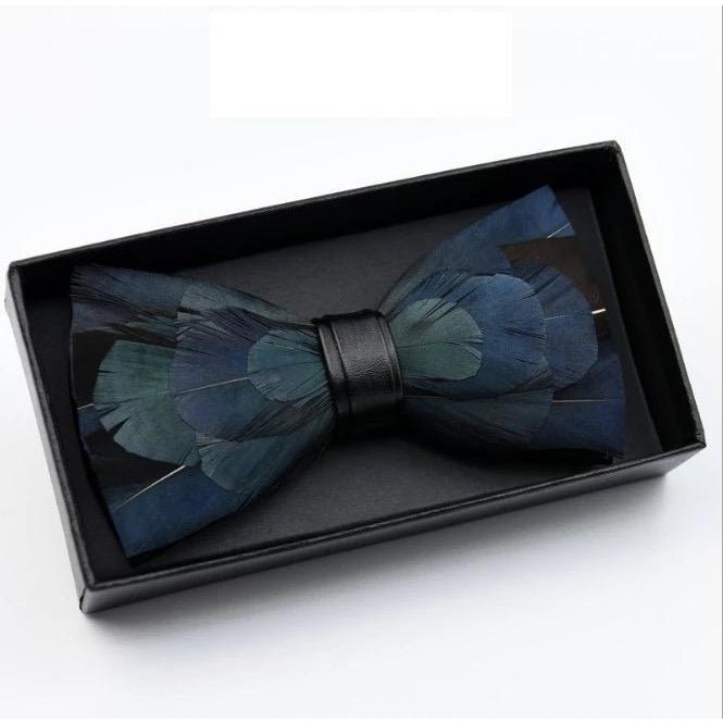 Blue Feather Bow Tie With Lapel Pin Set - Handmade Bow Tie - Groomsmen Gift - Minter and Richter Designs