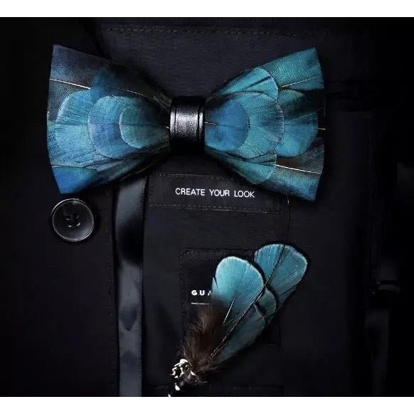 Blue Feather Bow Tie With Lapel Pin Set - Handmade Bow Tie - Groomsmen Gift - Minter and Richter Designs