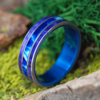BLUE SEA | Women's Purple Marbled Opalescent, Blue Vintage Resin & Titanium Wedding Ring - Minter and Richter Designs