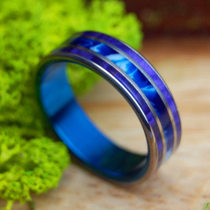 BLUE SEA | Women's Purple Marbled Opalescent, Blue Vintage Resin & Titanium Wedding Ring - Minter and Richter Designs