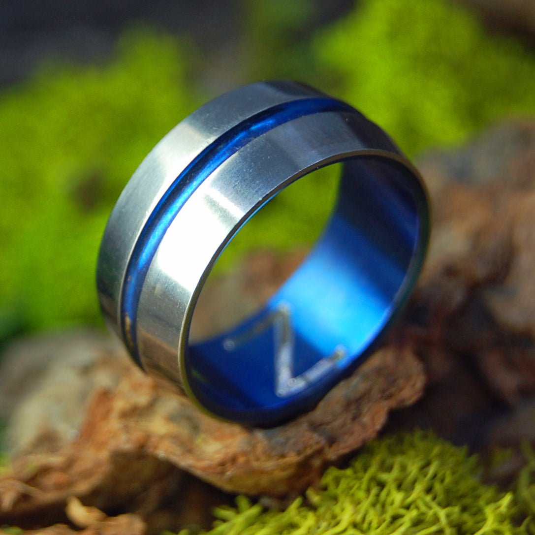 Blue Signature Engraved with Z | Size 10.5 At 9.5mm | Titanium Wedding Ring | On Sale - Minter and Richter Designs