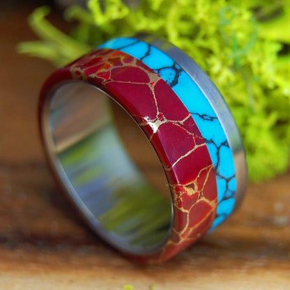 BOLD STACK | Men's Turquoise, Red Jasper & Titanium Wedding Ring - Minter and Richter Designs