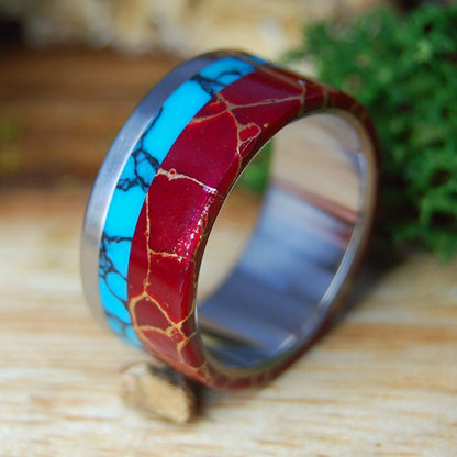 BOLD STACK | Men's Turquoise, Red Jasper & Titanium Wedding Ring - Minter and Richter Designs