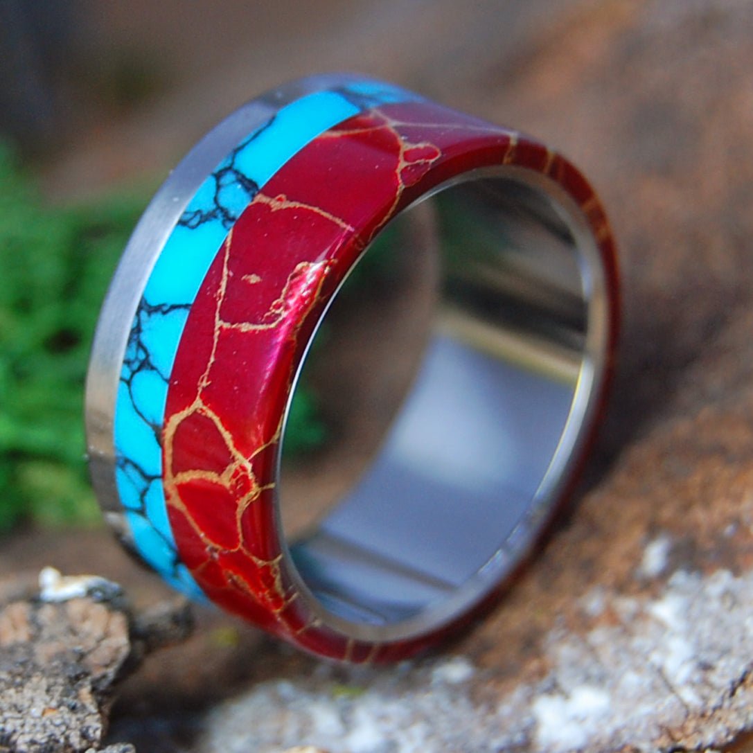 BOLD STACK | Men's Turquoise, Red Jasper & Titanium Wedding Ring - Minter and Richter Designs