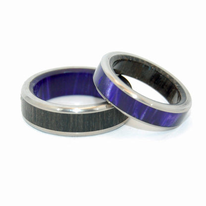 Boruta & Bereginia | Ancient Bog Oak Wood & Purple Marbled Resin - Wooden & Titanium Wedding Ring - Minter and Richter Designs