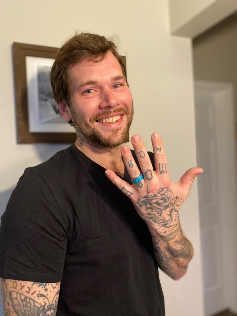 BOW TO THE KING, WITH EDGES | Men's Turquoise, Red Jasper & Titanium Wedding Ring - Minter and Richter Designs