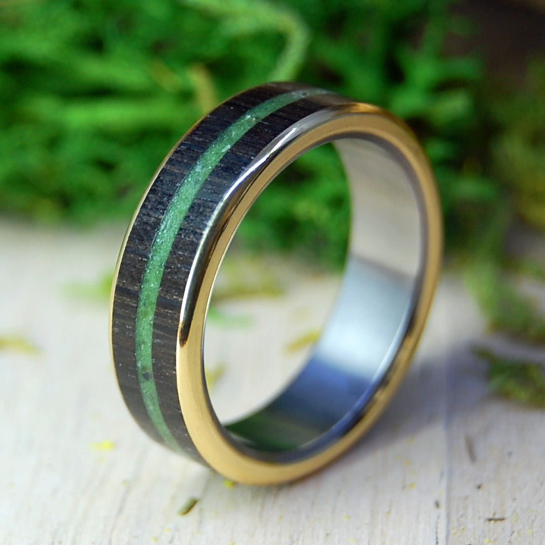 Brass Sunsets Of Ireland | Men's Irish Bog Oak, Connemara Marble, Brass & Titanium Wedding Ring - Minter and Richter Designs