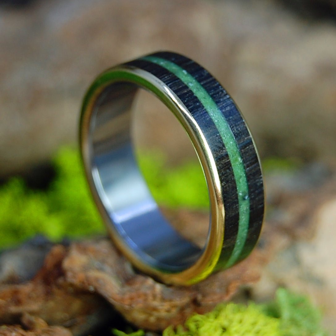 Brass Sunsets Of Ireland | Men's Irish Bog Oak, Connemara Marble, Brass & Titanium Wedding Ring - Minter and Richter Designs