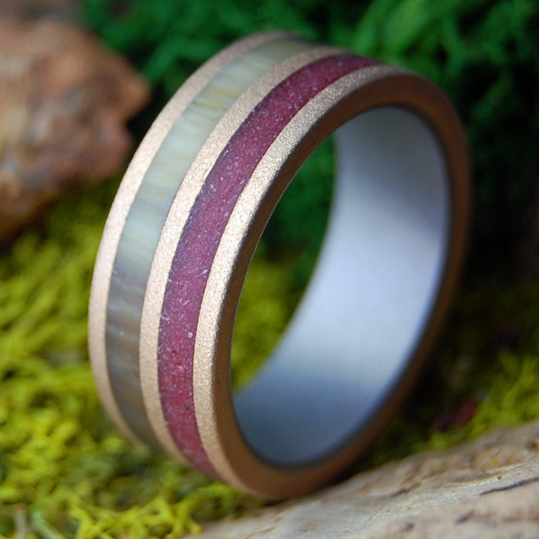 BRONZE & CRIMSON CATTLE | Cattle Horn, Crimson Sand, Bronze & Titanium Wedding Ring - Minter and Richter Designs