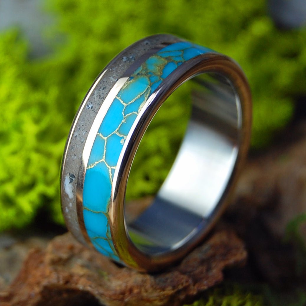 BRONZE ON ST. PETES | Men's St. Pete's Florida Sand, Tibetan Turquoise, Bronze & Titanium Wedding Ring - Minter and Richter Designs