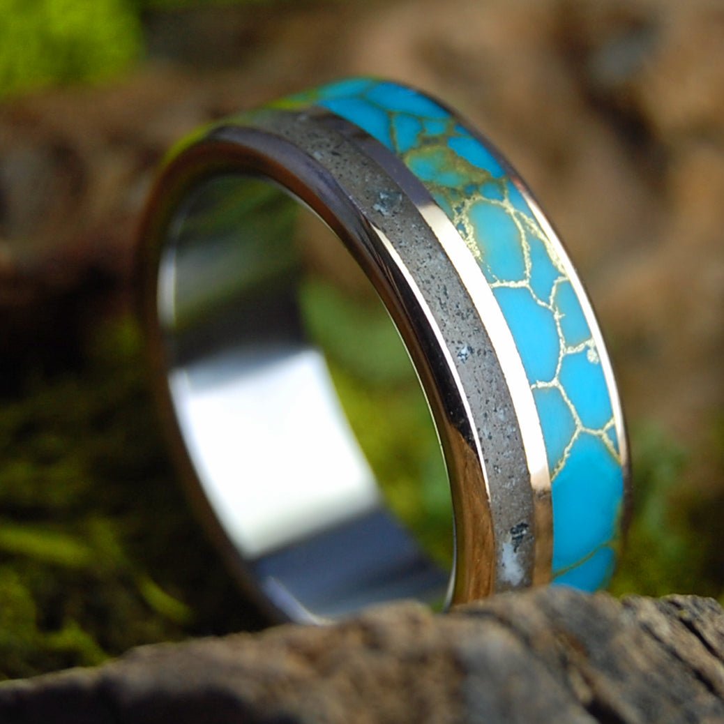 BRONZE ON ST. PETES | Men's St. Pete's Florida Sand, Tibetan Turquoise, Bronze & Titanium Wedding Ring - Minter and Richter Designs