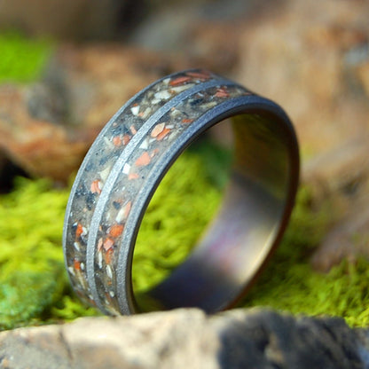 Bronze & Sandblasted Tomb Of Christ | Men's Jerusalem Earth, Armenian Obsidian & Bronze Wedding Ring - Minter and Richter Designs