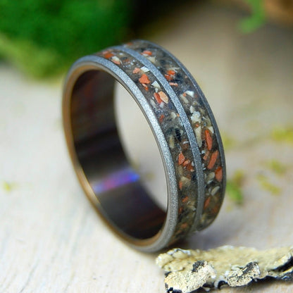Bronze & Sandblasted Tomb Of Christ | Men's Jerusalem Earth, Armenian Obsidian & Bronze Wedding Ring - Minter and Richter Designs