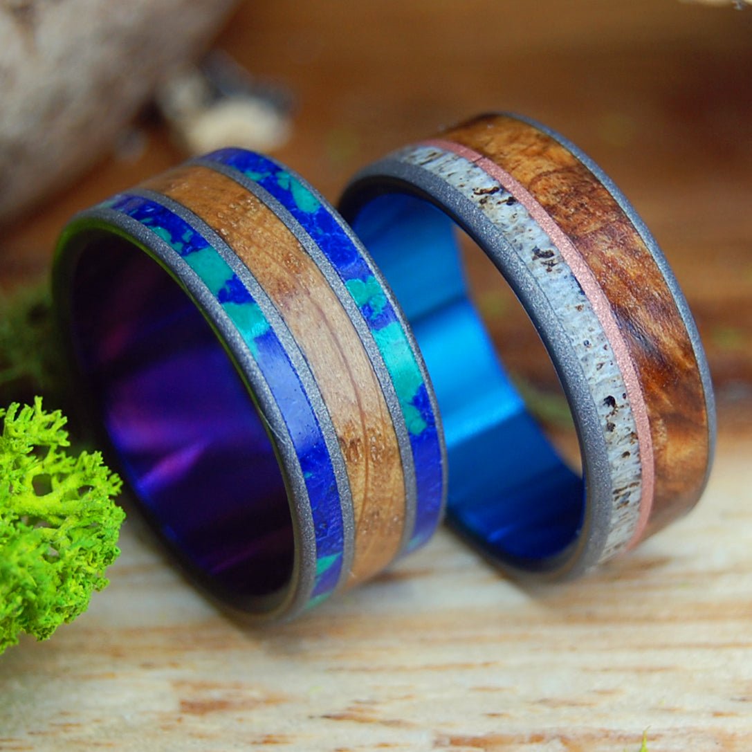 CALIFORNIA CABERNET & MOOSE ON COPPER HILL | Cabernet Wine Barrel, Stone, Copper, Moose Antler, Maple - Unique Wedding Rings - Wedding Rings Set - Minter and Richter Designs