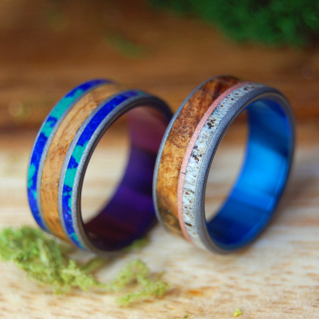 CALIFORNIA CABERNET & MOOSE ON COPPER HILL | Cabernet Wine Barrel, Stone, Copper, Moose Antler, Maple - Unique Wedding Rings - Wedding Rings Set - Minter and Richter Designs